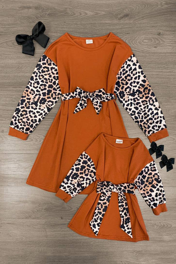 Mom & Me - Rust Leopard Tie Waist Dress - Sparkle in Pink