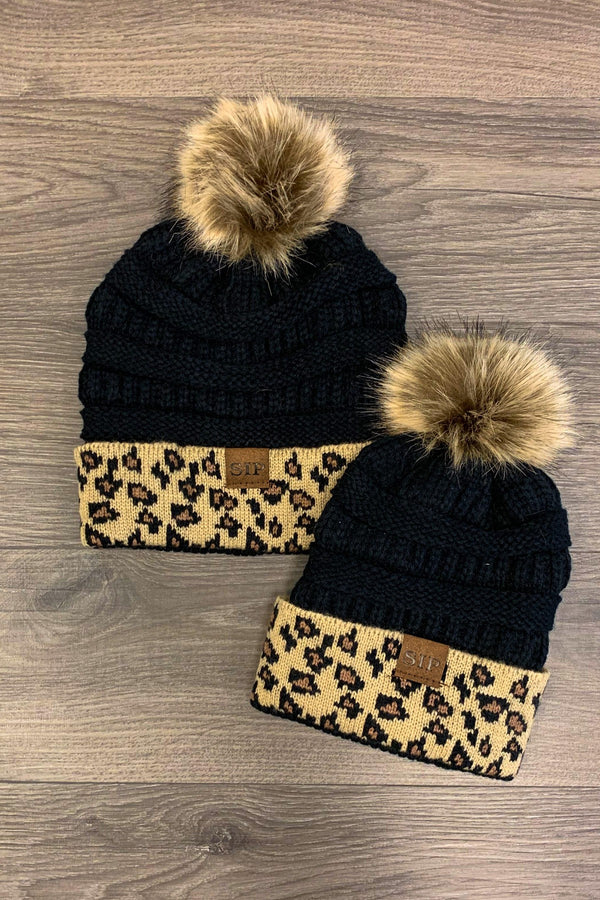 Mom & Me - SIP Beanies- Black/Cheetah - Sparkle in Pink