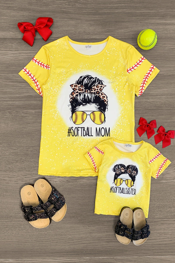 Mom & Me - "#SoftballMom & #SoftballSister" Top - CHILD-3XS-6-12 Months - Yellow matching mom and child softball tops with graphic hair buns, sunglasses, and "Softball Mom" and "Softball Sister".