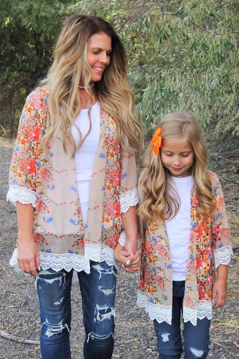 Mom & Me - Tan Floral Lace Kimonos - Sparkle in Pink