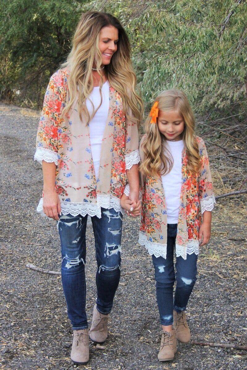 Mom & Me - Tan Floral Lace Kimonos - Sparkle in Pink
