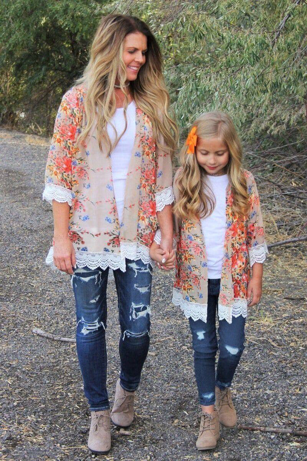 Mom & Me - Tan Floral Lace Kimonos - Sparkle in Pink