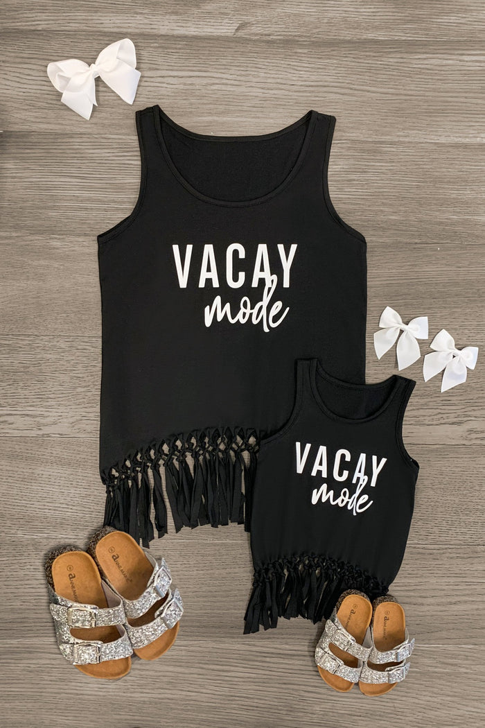 Mom & Me - "Vacay Mode" Black Tank Top - CHILD-3XS-6-12 Months - Black tank tops for mom and child with white "VACAY mode" text and fringe hem, paired with tan sandals and white bows on.