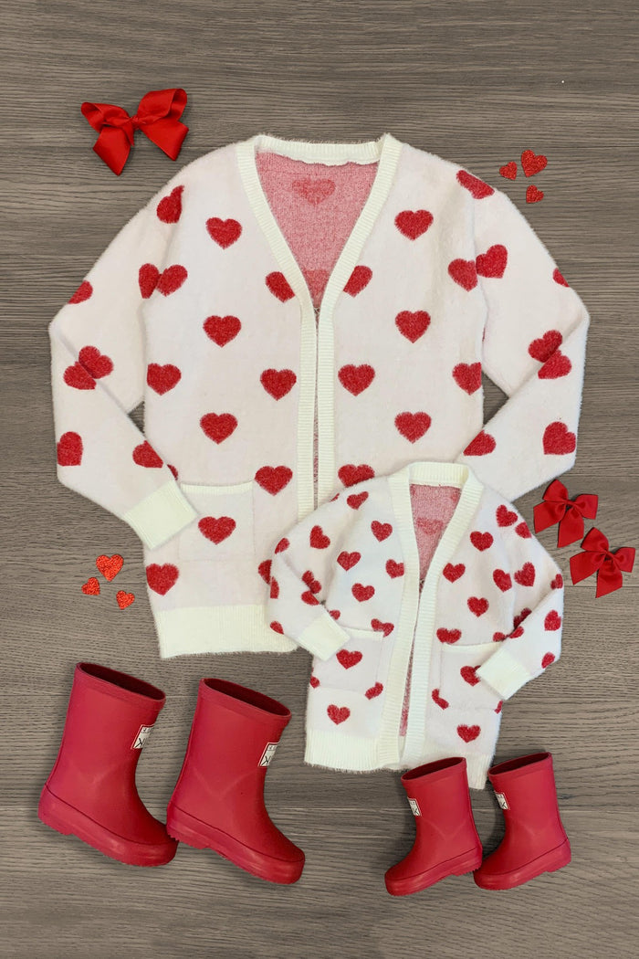 Mom & Me - White & Red Heart Cardigan - BABY-0-3 Months-FAMILY - White cardigan with red heart pattern, matching smaller cardigan with hood, paired with red boots and red bow hair accessory.