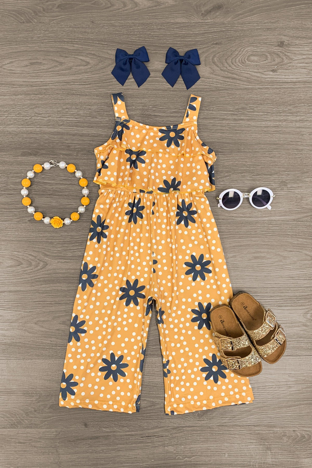Flower Ruffle Jumpsuit Mustard Polka Dot & Flower Ruffle Jumpsuit – Sparkle In Pink