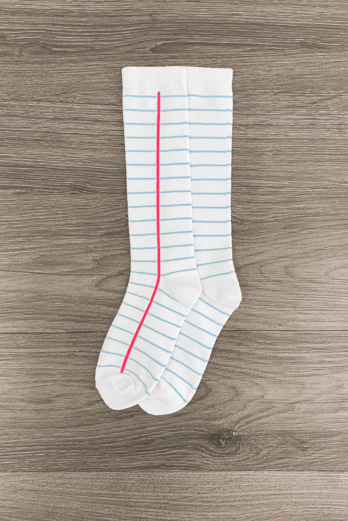 Notebook Knee High Socks - Small-SOCK - White knee-high socks with blue horizontal lines and a single vertical red line, resembling notebook paper.