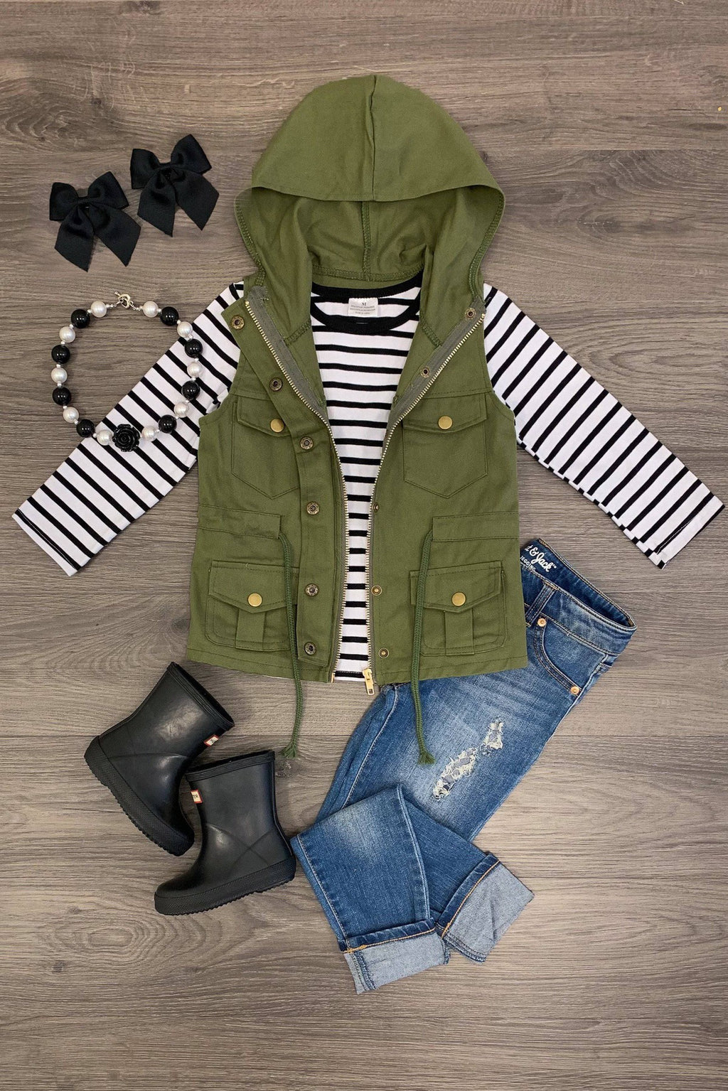 Olive Green Stripe Vest Set - Sparkle in Pink