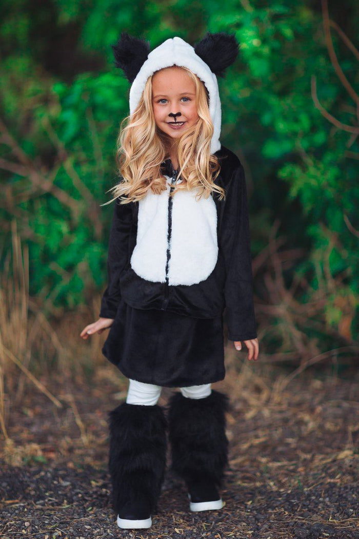 Panda Bear Costume - 3 Piece Set - XXS-12-18 Months - Black and white panda bear costume with hood and ears, worn by a child outdoors.