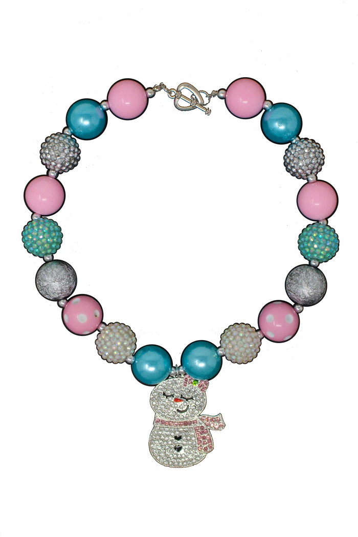 Pastel Snowgirl Rhinestone Bubblegum Necklace - Default Title - Pastel bubblegum necklace with pink, blue, white beads and rhinestone snowgirl pendant.
