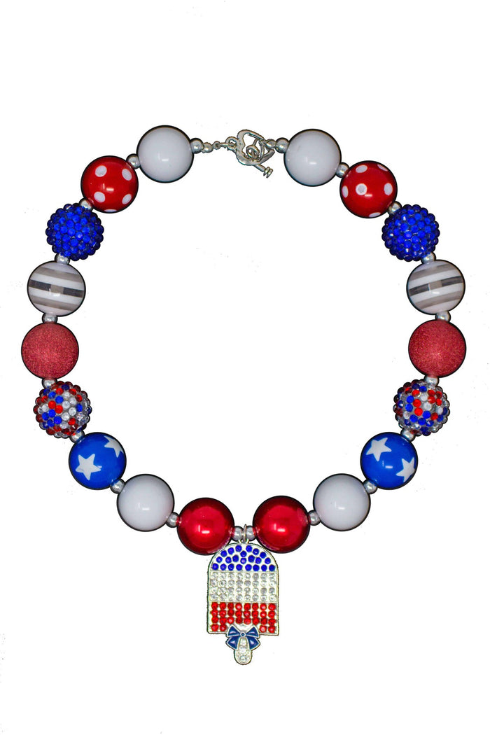 Patriotic Popsicle Bubblegum Necklace - Default Title - Red, white, and blue bubblegum necklace featuring a popsicle charm with rhinestones.