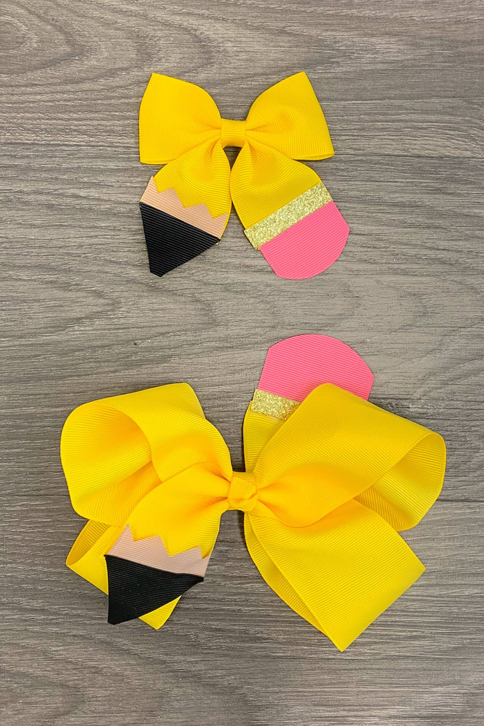 Pencil Bow - 3 inches - Two yellow pencil-themed bows, one 3-inch with simple design and one 6-inch with fuller loops, both featuring black tips and .