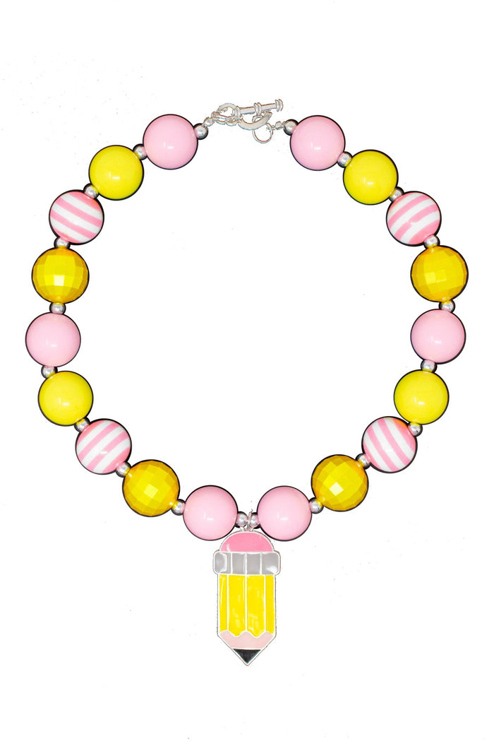 Pencil Bubblegum Necklace - Default Title - Pink and yellow beaded necklace with a pencil pendant charm.