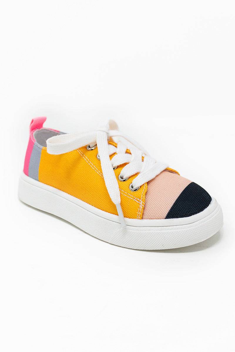 Pencil Sneakers - KIDS-8T - Low-top sneaker with yellow canvas, white sole, white laces, and color-block toe in beige and black with pink and purple.