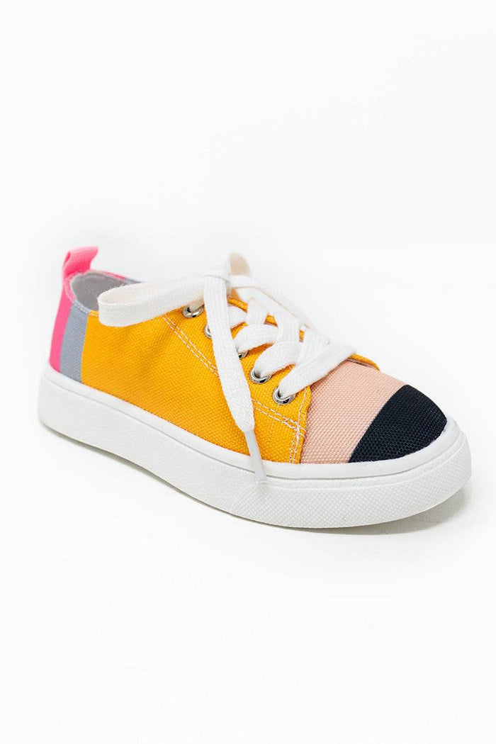 Pencil Sneakers - KIDS-8T - Low-top sneaker with yellow canvas, white sole, white laces, and color-block toe in beige and black with pink and purple.