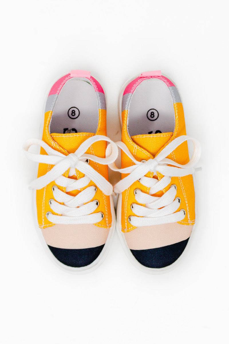 Pencil Sneakers - KIDS-8T - Yellow canvas sneakers with white laces and black toe caps for kids.