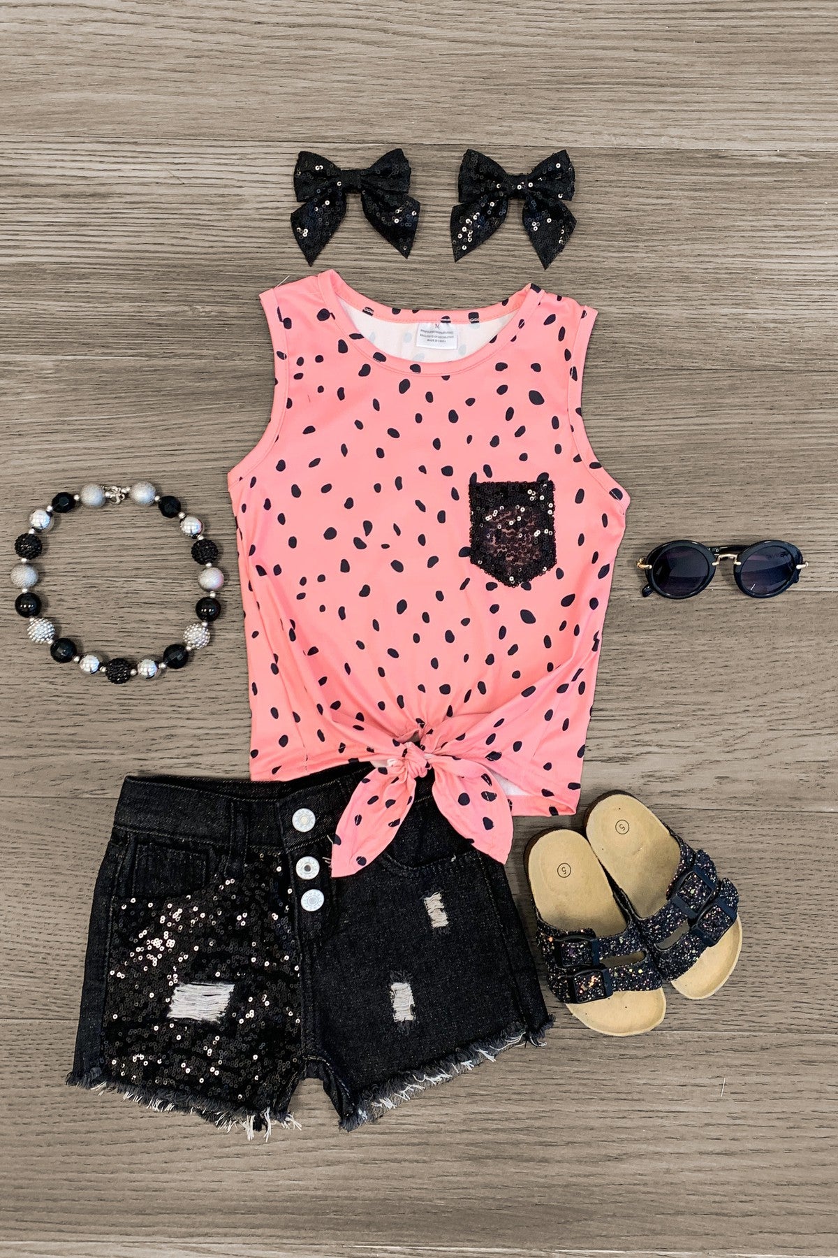 Pink & Black Spotted Sequin Denim Short Set - Sparkle in Pink