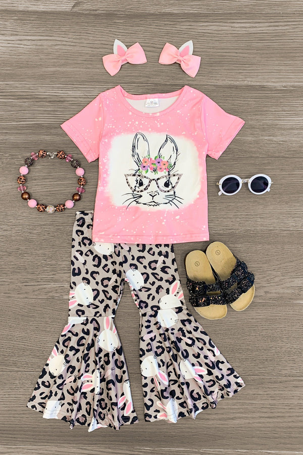 Pink Bunny Leopard Bell Bottom Set - Sparkle in Pink