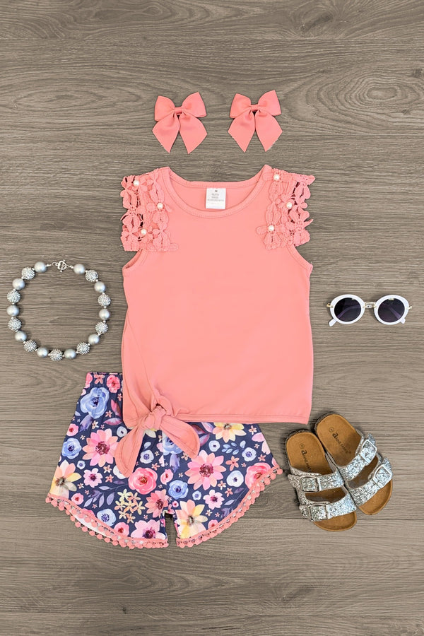 Pink & Purple Pearl Floral Lace Short Set - Sparkle in Pink
