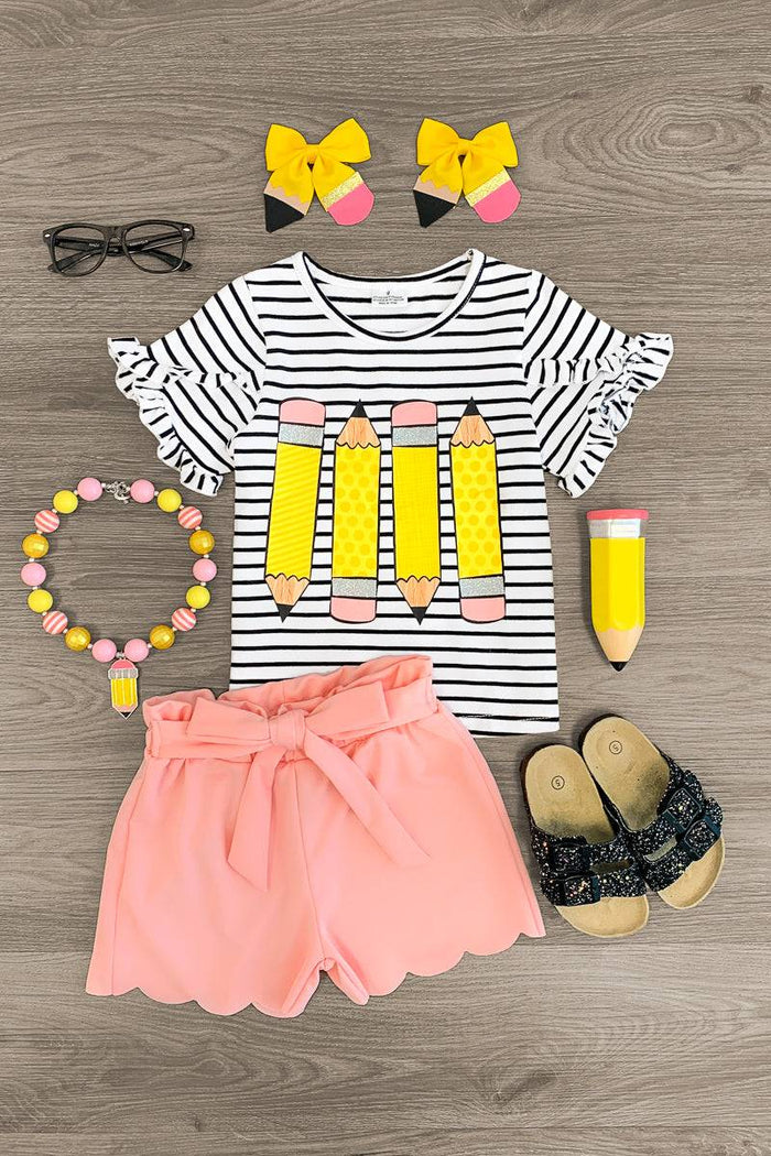 Pink Striped Glitter Pencil Short Set - Small-3T - Girls striped white and black glitter pencil t-shirt with pink scalloped shorts and yellow bows set.