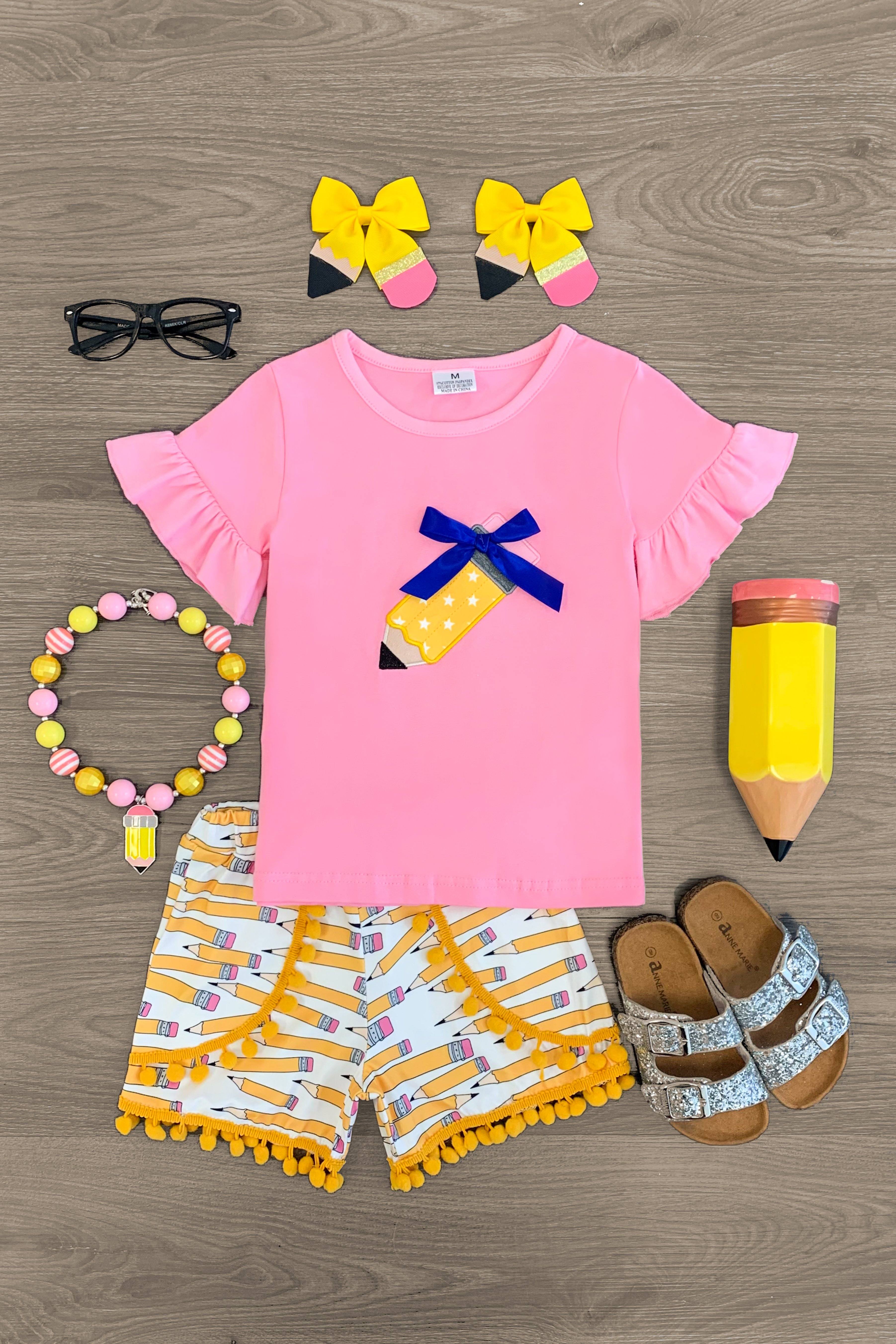 Pink & Yellow Pencil Pom Pom Short Set | Sparkle In Pink
