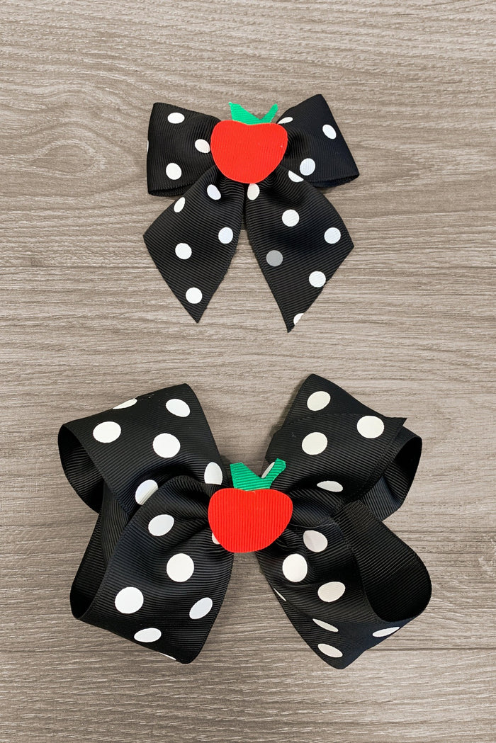 Polka Dot Apple Bows - 3 inches - Black satin bows with white polka dots, each featuring a red apple embellishment at the center.