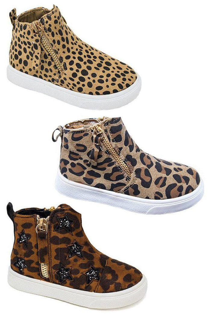 Patterned Sneaker Booties - Polka Dot Cheetah / KIDS-5T - Three kids' sneaker booties in cheetah, polka dot cheetah, and glitter star leopard patterns with white soles and side.