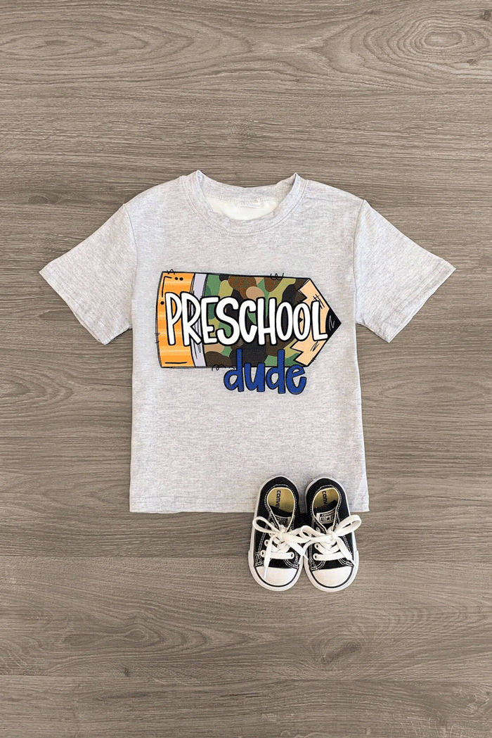 "Preschool - 5th Grade Dude" Camo Pencil Top - PRESCHOOL / 2T - Gray short-sleeve toddler shirt with colorful "Preschool dude" camo print and black and white toddler sneakers.