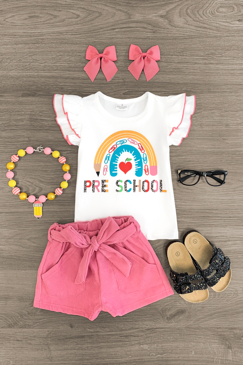 "Preschool - Fifth Grade" Rainbow Short Set - Sparkle in Pink