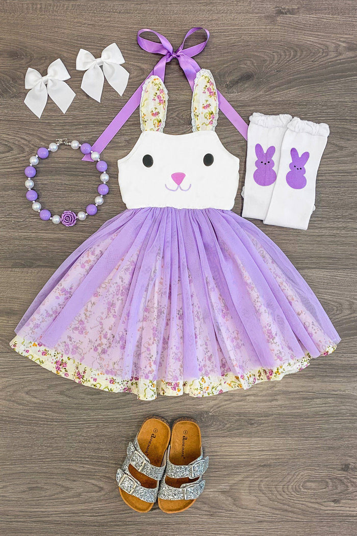 Bunny Halter Tutu Dress - Purple / 3XS-6-12 Months - Purple bunny halter tutu dress with floral trim, matching bunny leg warmers, white hair bows, beaded bracelet, and brown.