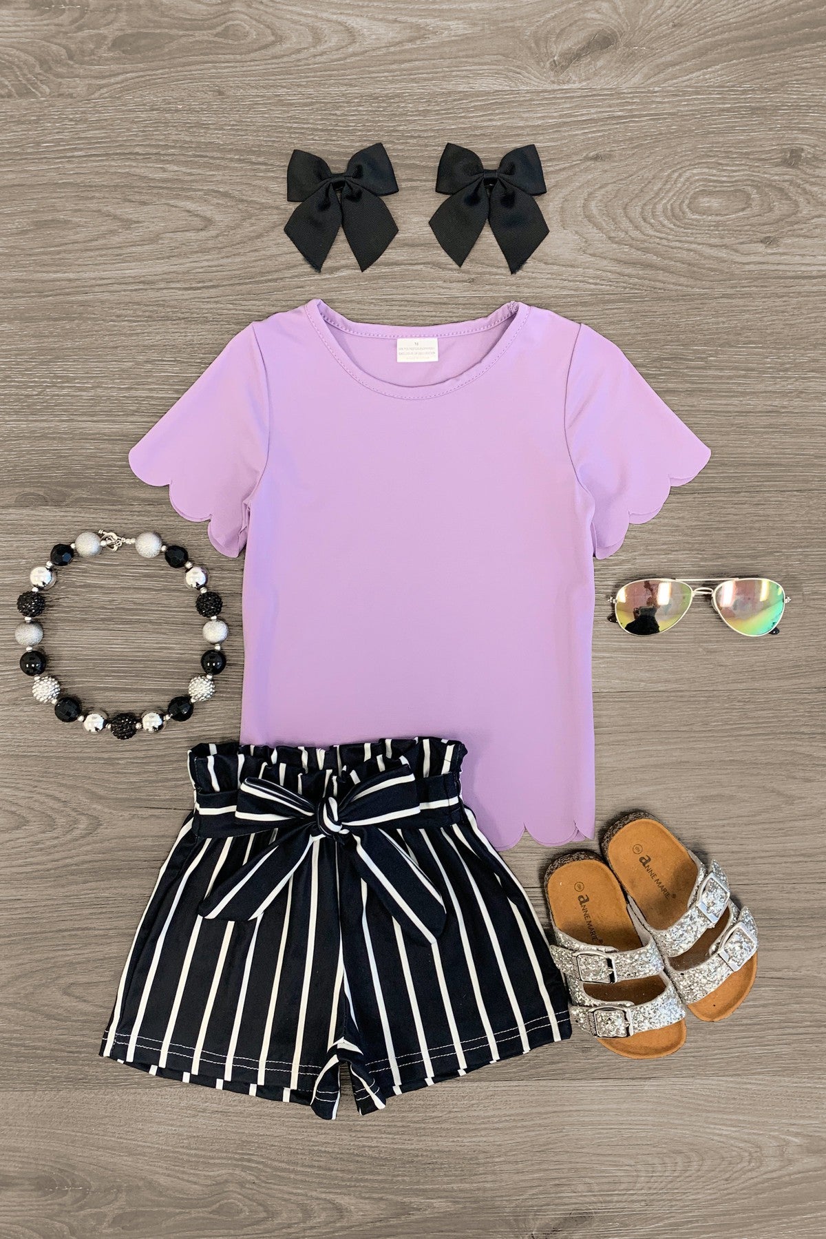 Lavender Scallop Striped Tie Short Set | Sparkle In Pink