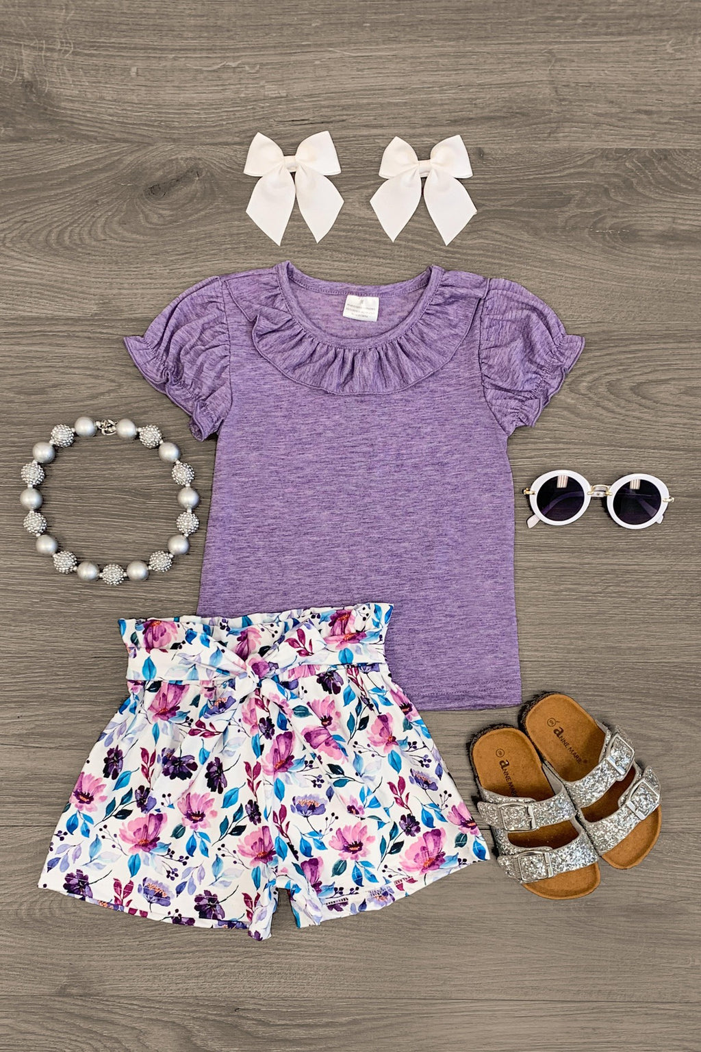 Purple & White Floral Tie Short Set - Sparkle in Pink