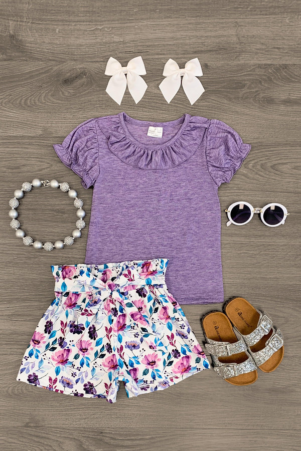 Purple & White Floral Tie Short Set - Sparkle in Pink