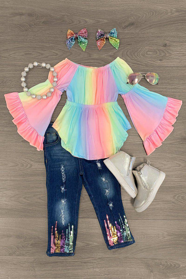 Rainbow Ombre Sequin Denim Pant Set - Sparkle in Pink