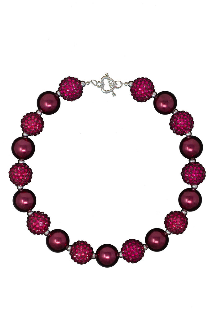 Raspberry Rose Rhinestone & Pearl Bubblegum Necklace - Default Title - Burgundy bubblegum necklace with alternating rhinestone and pearl beads and silver clasp.