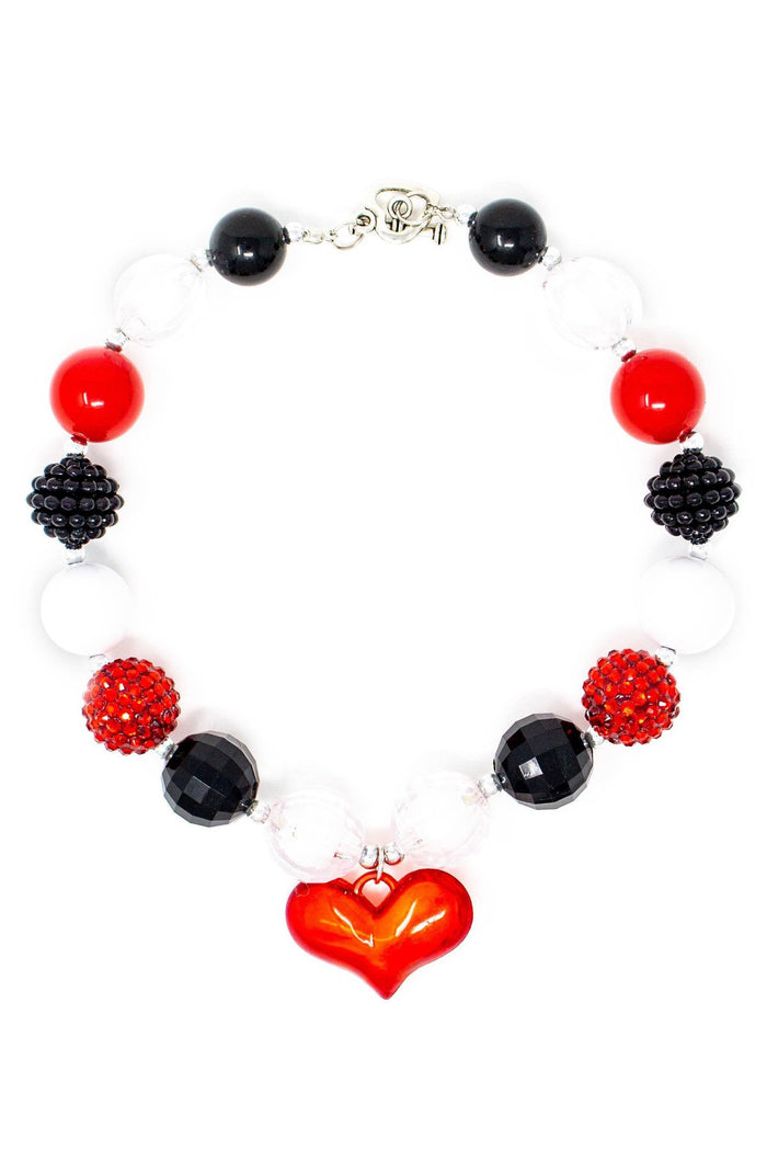 Red & Black Heart Bubblegum Necklace - Default Title - Chunky bubblegum necklace with red, black, and white beads and a glossy red heart pendant.