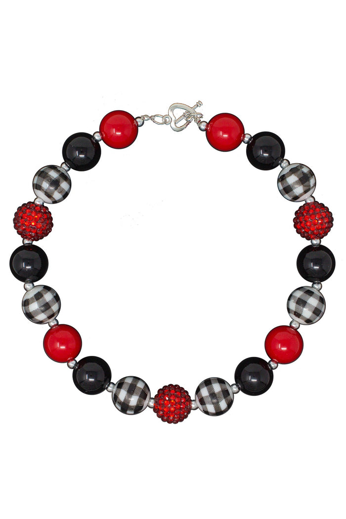 Red Black Plaid Bubblegum Necklace - Default Title - Beaded necklace with alternating red, black, red-black plaid, and red rhinestone textured beads on a silver chain clasp.