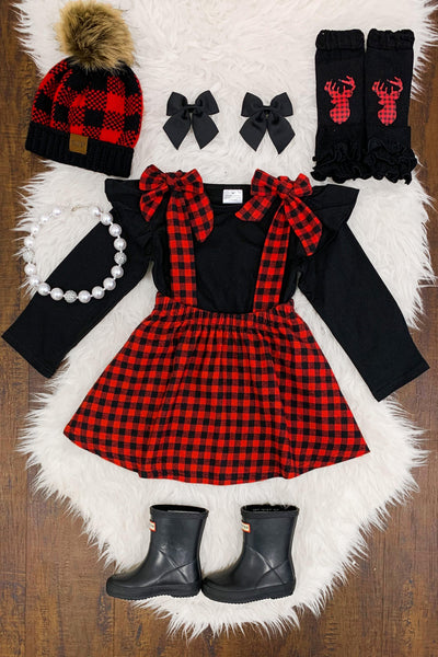 Red Black Plaid Tie Suspender Skirt Set Sparkle In Pink