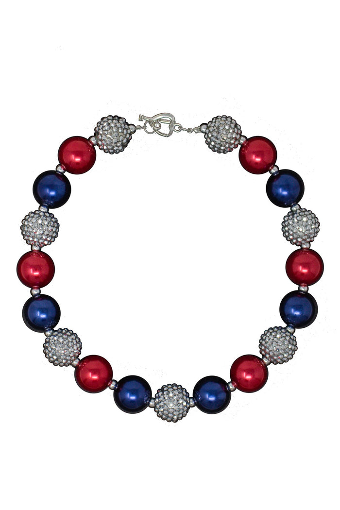 Red, Blue and Rhinestone Bubblegum Necklace - Default Title - Bubblegum necklace with alternating red, blue, and silver rhinestone beads on silver chain.