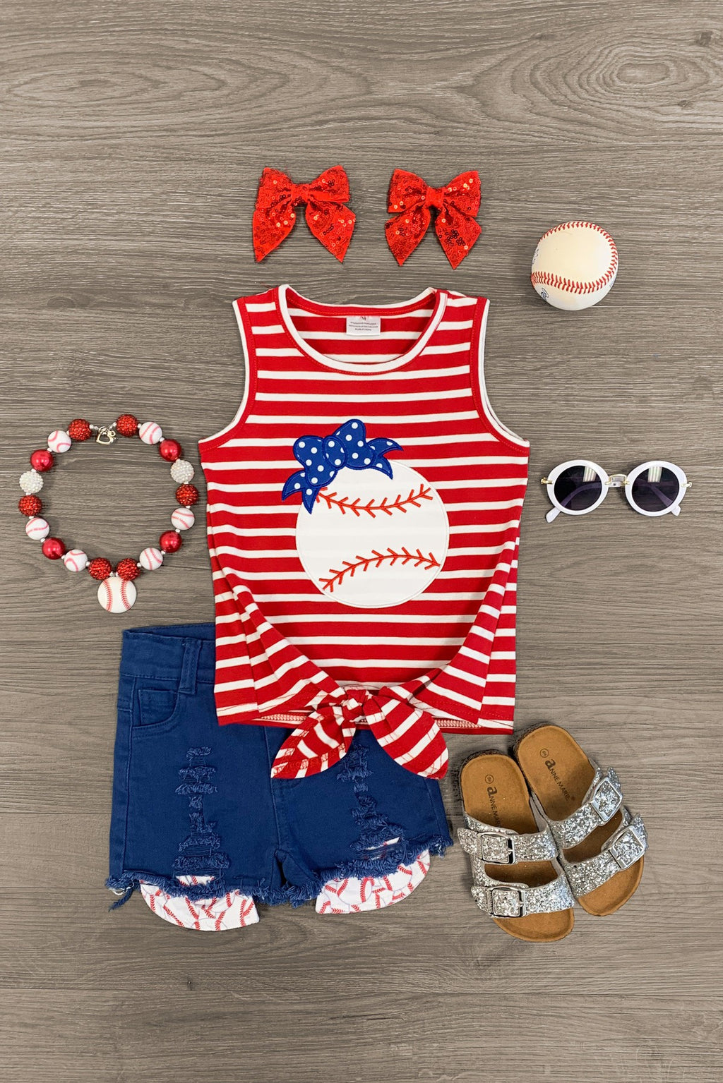 Red & Blue Baseball Distressed Denim Short Set - Sparkle in Pink