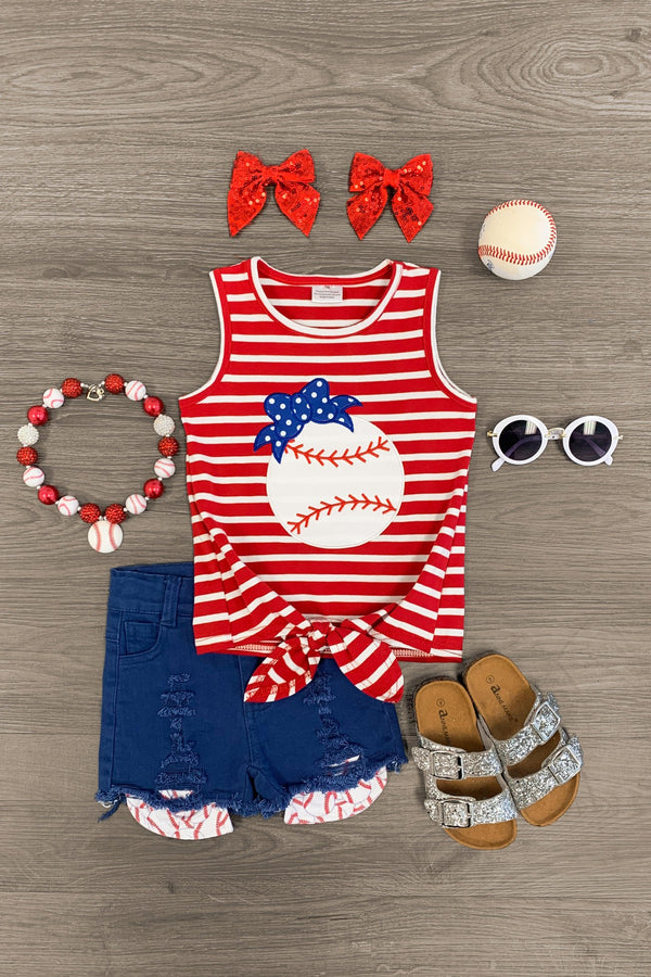Red & Blue Baseball Distressed Denim Short Set - Sparkle in Pink