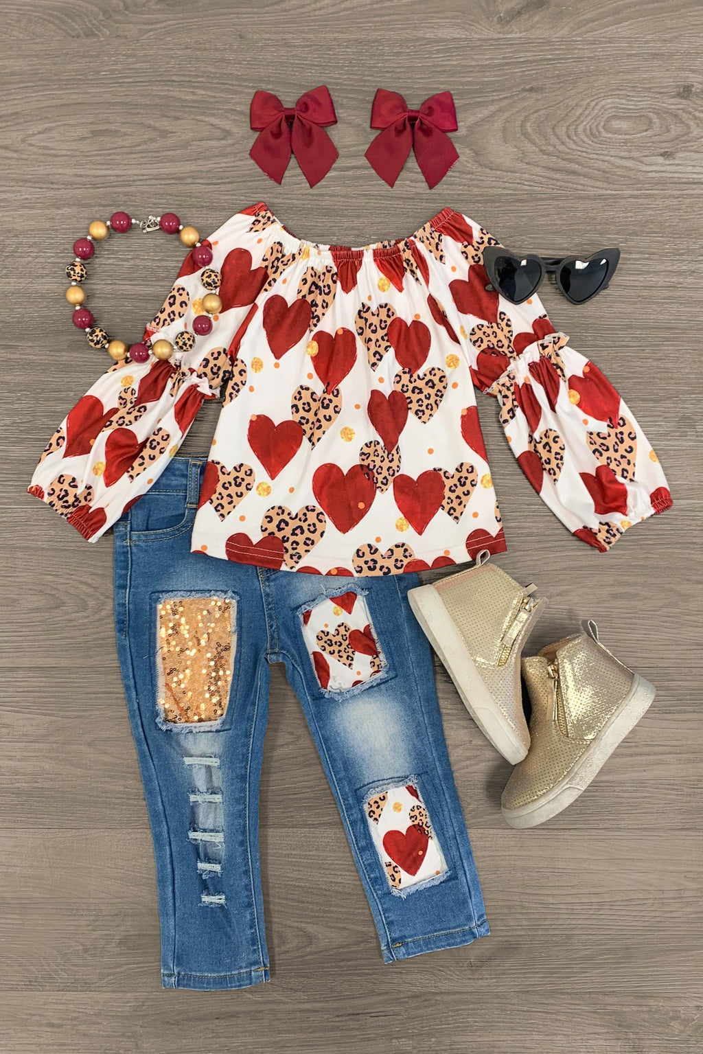 Red Cheetah Hearts Distressed Denim Set - Sparkle in Pink