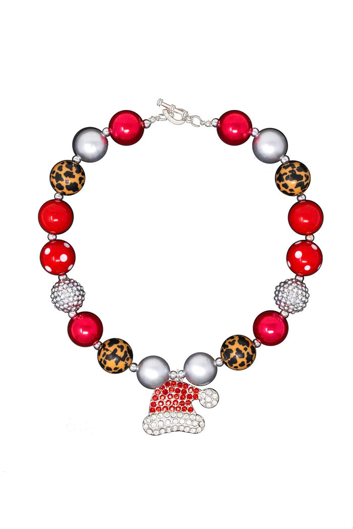 Red & Cheetah Santa Hat Bubblegum Necklace - Default Title - Beaded necklace with red, silver, and leopard-print beads featuring a jeweled Santa hat charm.