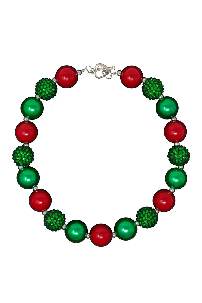 Red & Green Christmas Bubblegum Necklace - Default Title - Red and green round bubblegum-style beads alternating with textured green beads on a silver chain necklace.