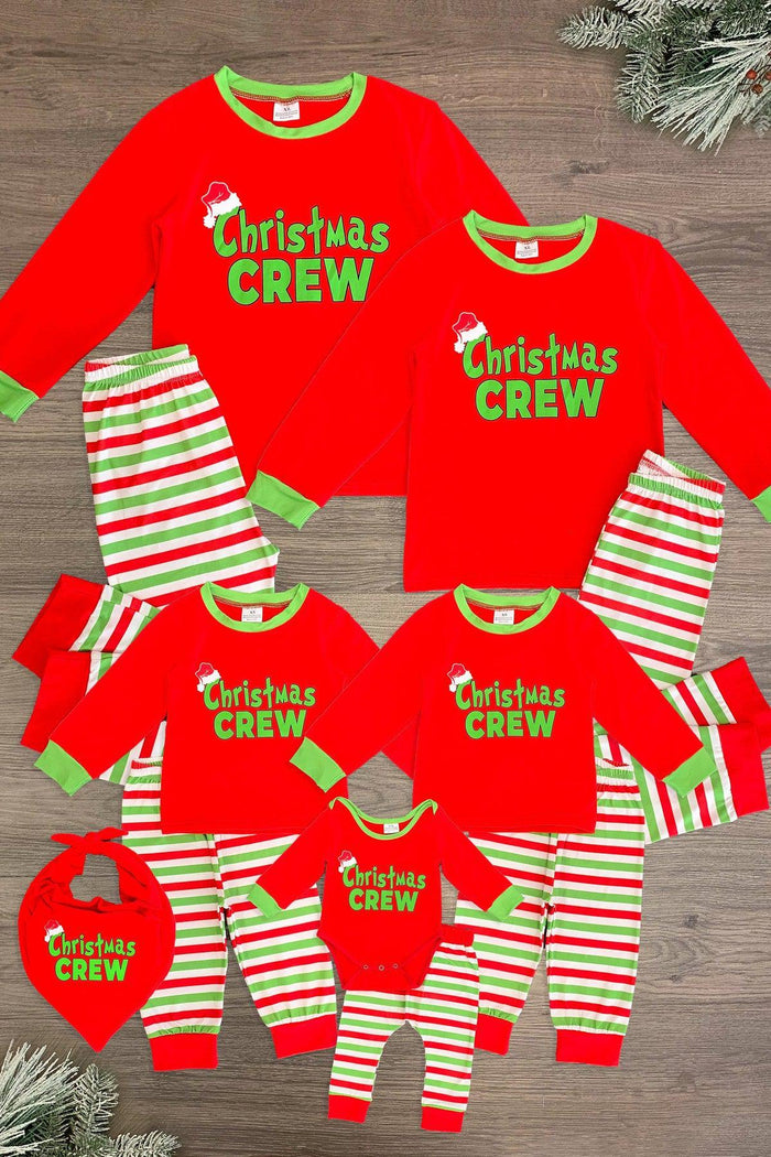 "Christmas Crew" Family Pajama - AND PET BANDANA! - PET-Bandana-FAMILY - Red long-sleeve Christmas Crew pajamas with green and white striped pants and matching pet bandana.