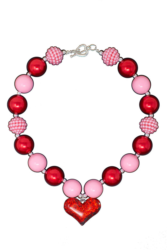 Red Heart Pink Bubblegum Necklace - Default Title - Pink and red beaded necklace with a glittery red heart pendant and silver clasp.