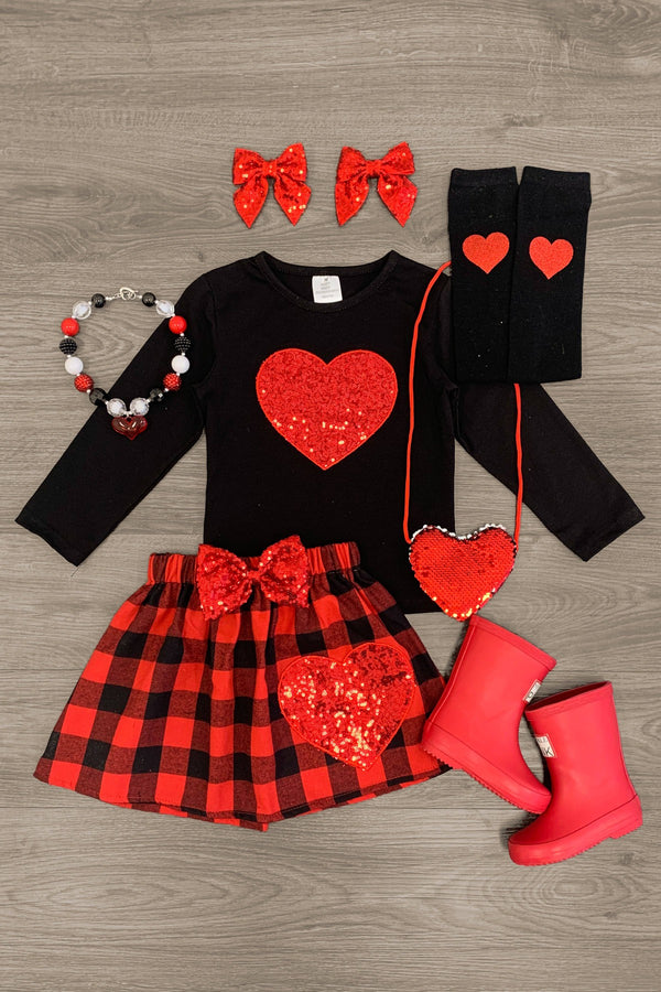 Red Heart Sequin & Plaid Skirt Set - Sparkle in Pink