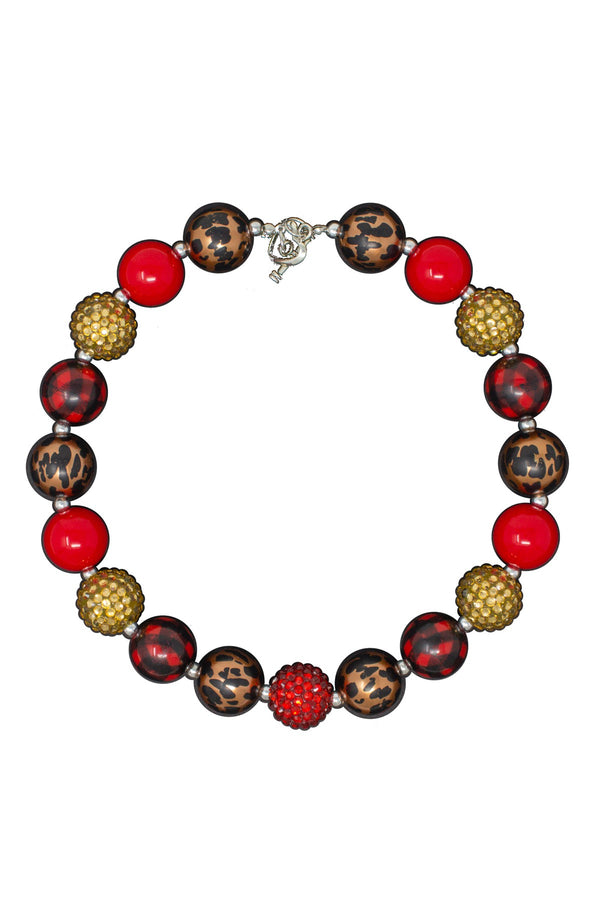 Red Plaid Cheetah Bubblegum Necklace - Sparkle in Pink