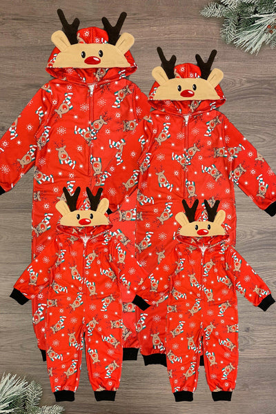 Red Reindeer Family Onesie Pajamas- AND PET BANDANA! - PET-Bandana-FAMILY - Matching red reindeer onesie pajamas with antler hoods and pet bandana laid flat on wooden floor.