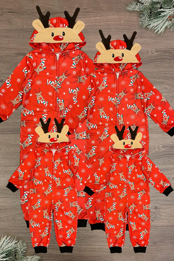 Red Reindeer Family Onesie Pajamas- AND PET BANDANA! - PET-Bandana-FAMILY - Matching red reindeer onesie pajamas with antler hoods and pet bandana laid flat on wooden floor.