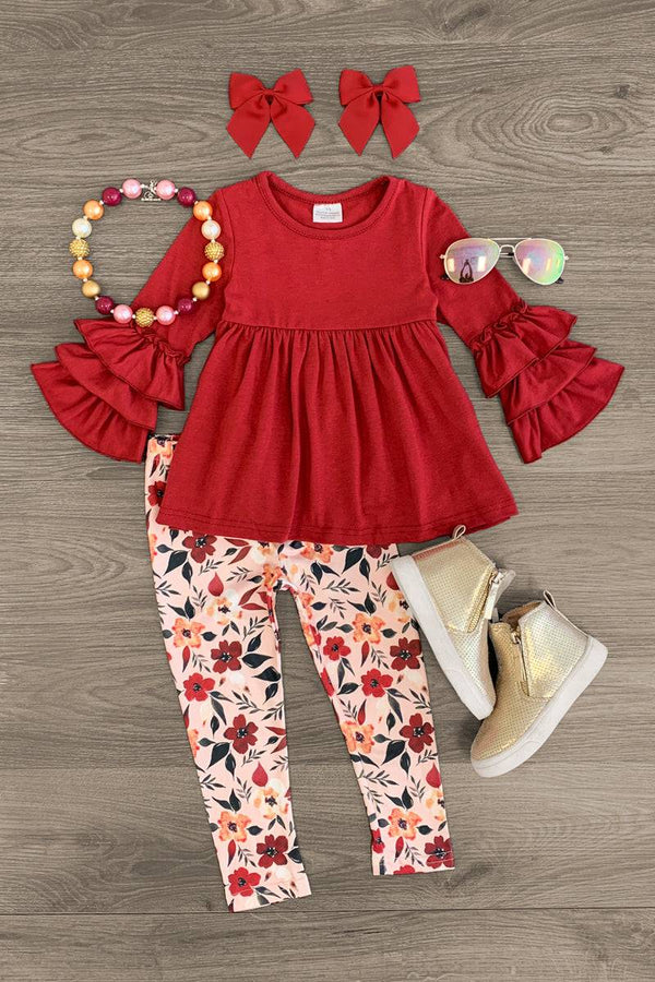 Red Ruffle Fall Floral Legging Set - Sparkle in Pink